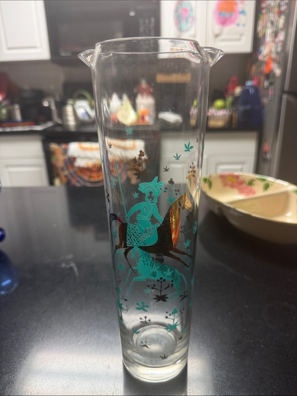 Vintage Glass Tumbler with Teal Horse & Rider Design